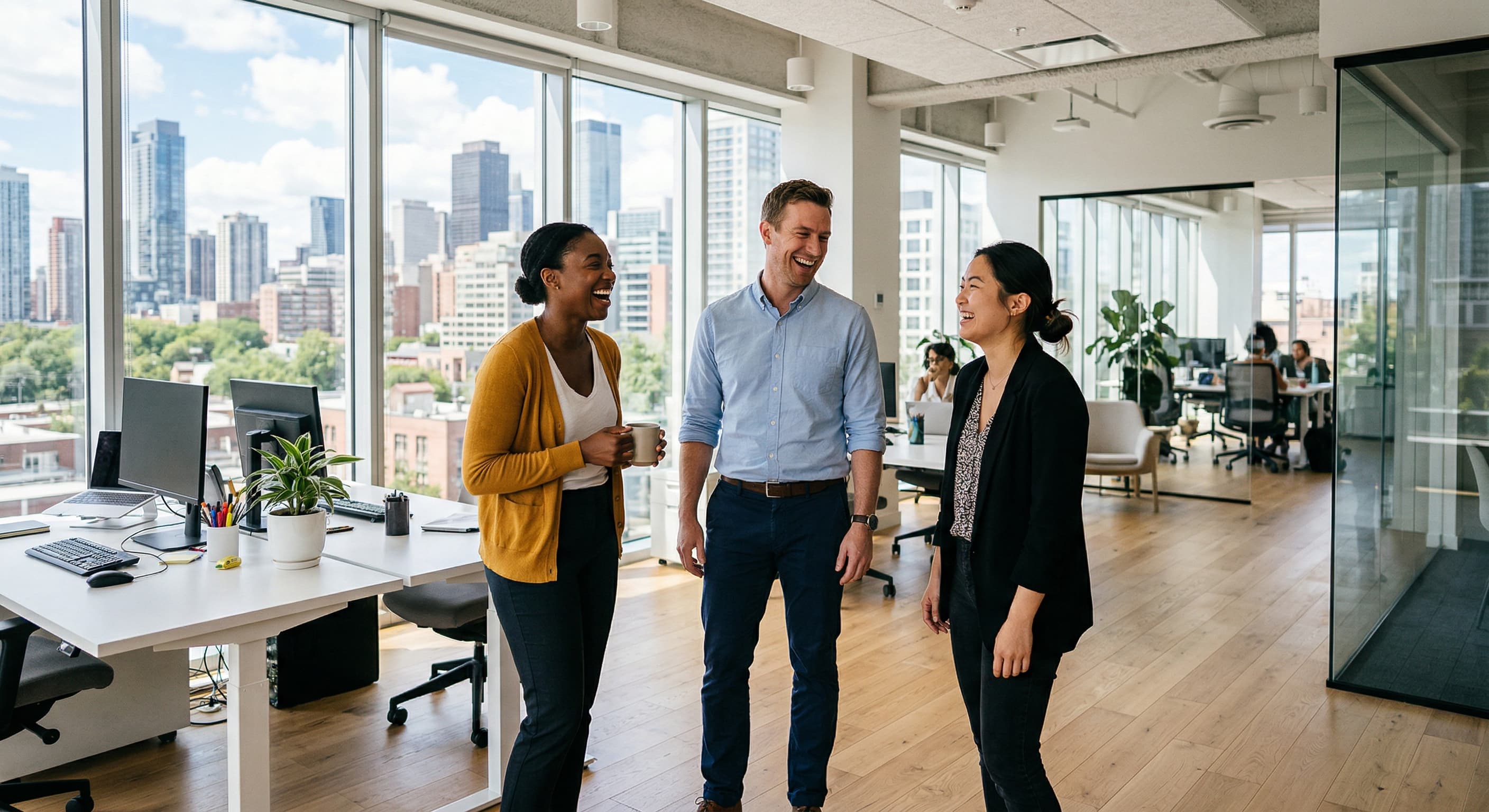 Duas pessoas conversando em ambiente de trabalho