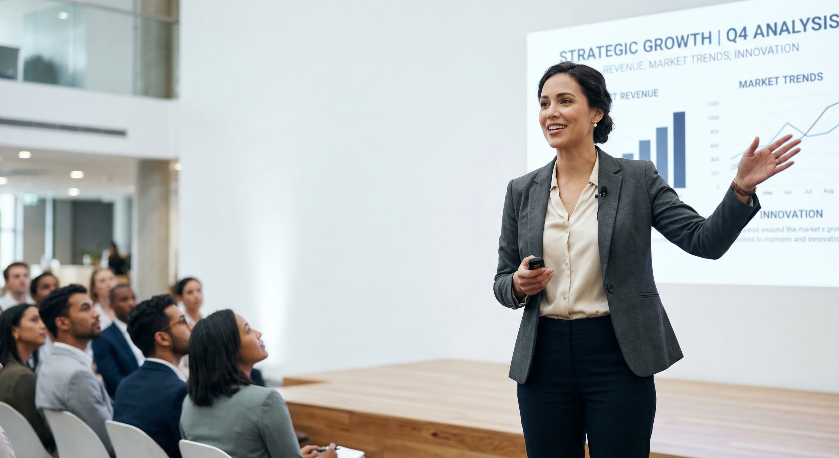 Profissional apresentando resultados em um quadro de vidro