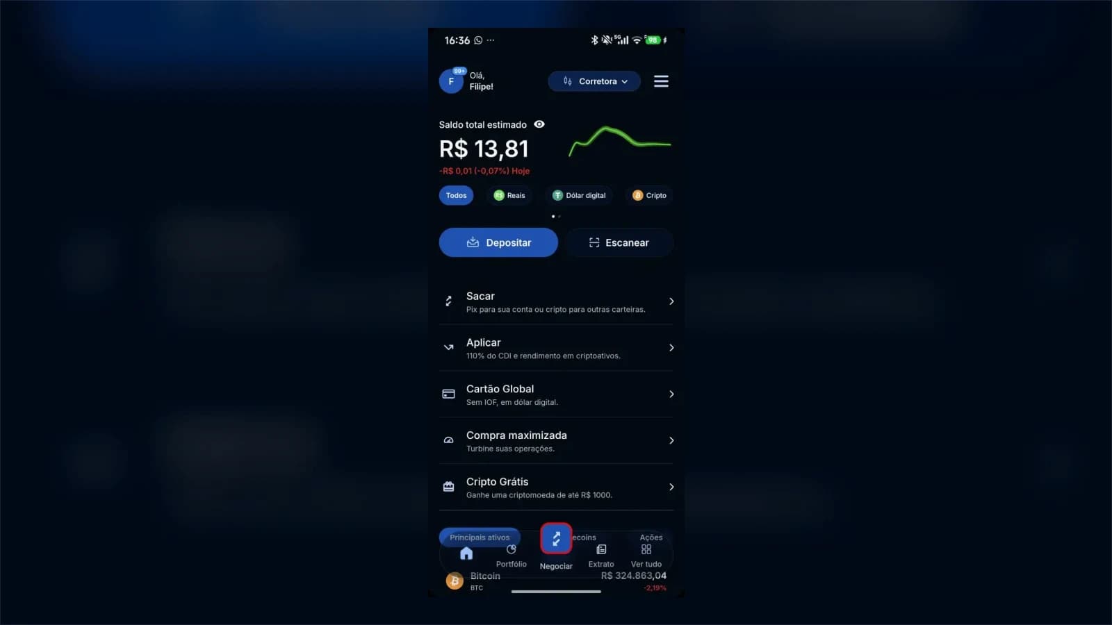 Tela inicial do app da Brasil Bitcoin com o botão Negociar destacado
