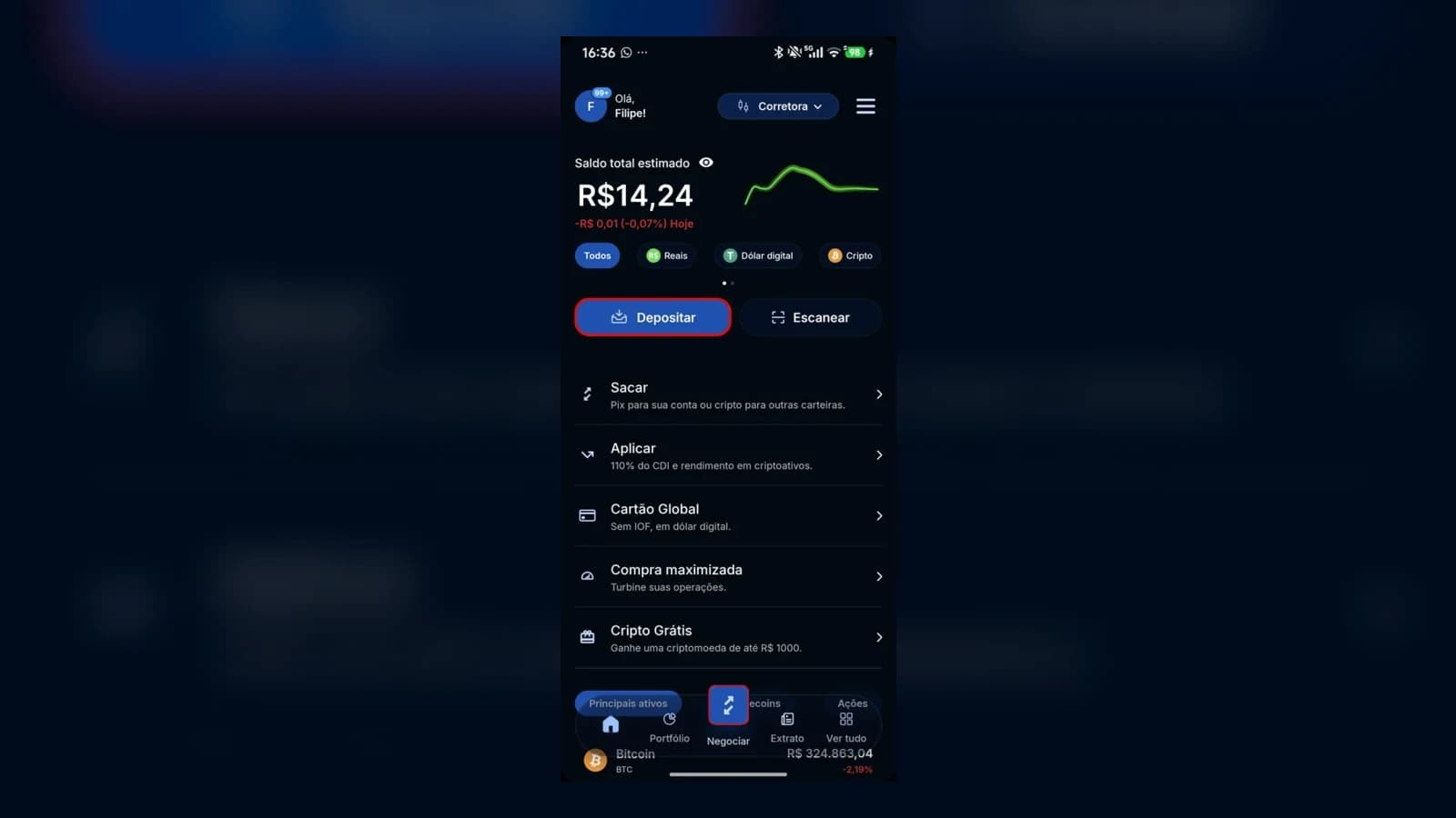 Tela inicial do app com o botão Depositar destacado