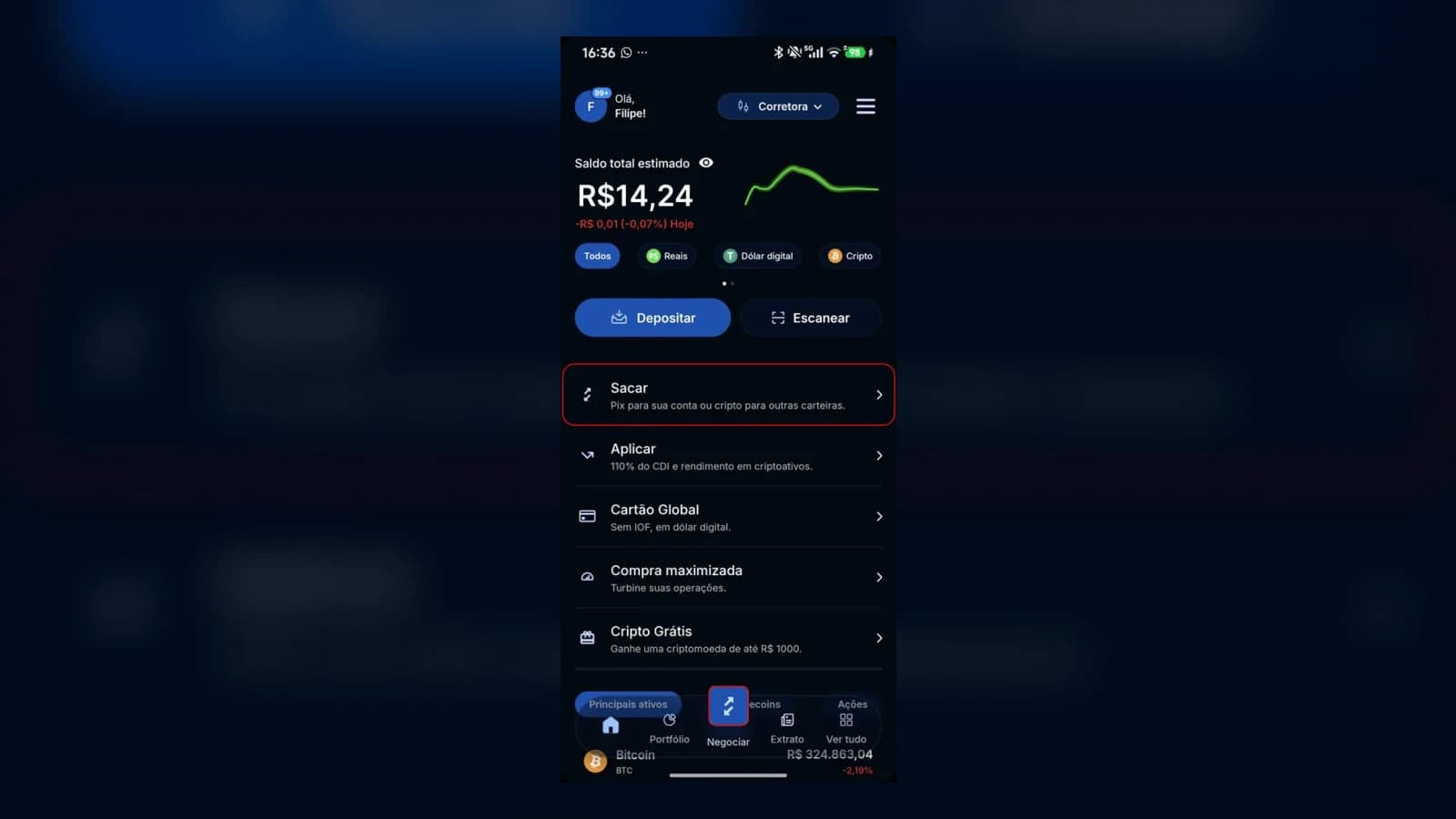 Tela inicial do app com a opção Sacar destacada