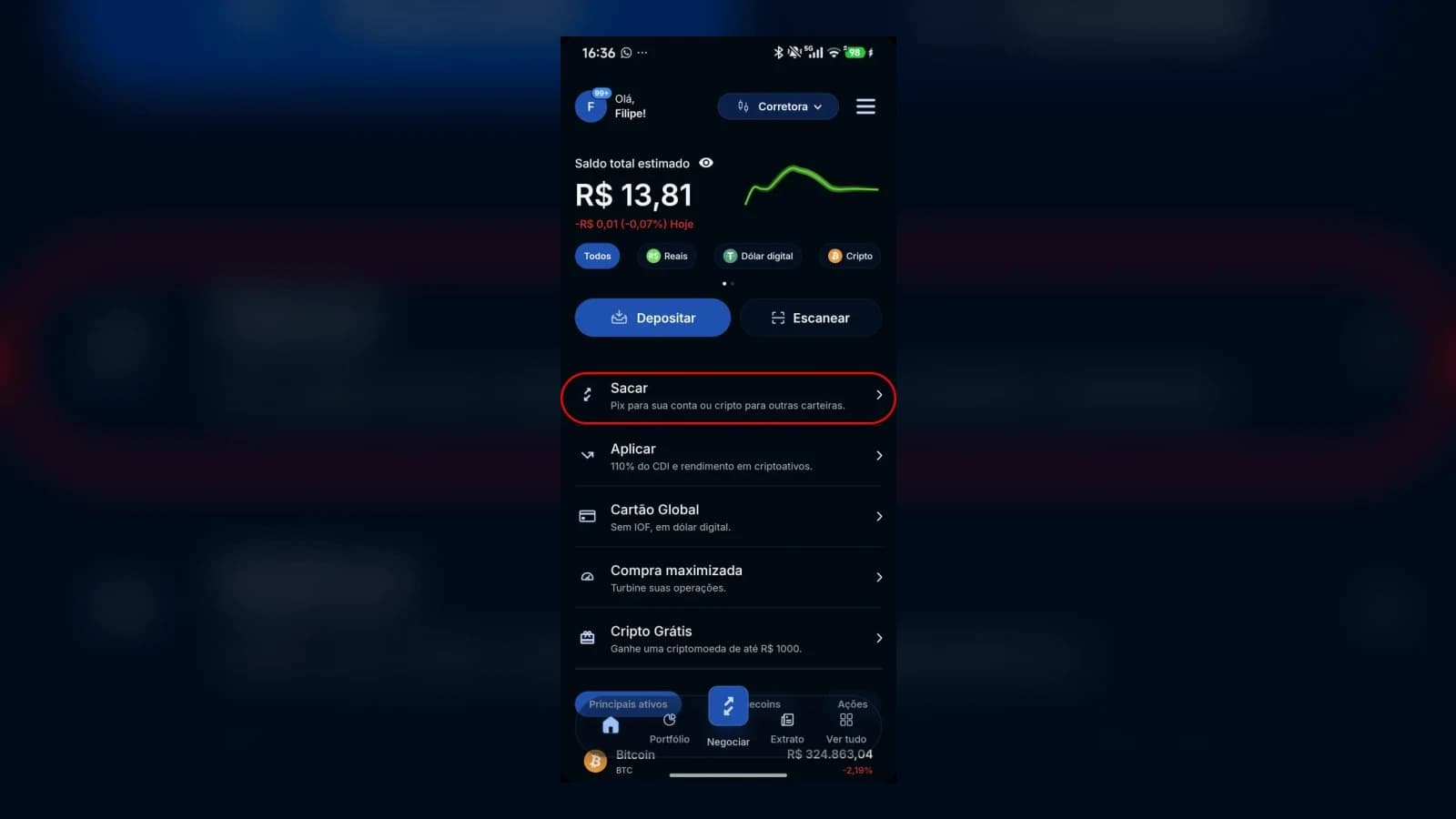 Tela inicial do app com a opção Sacar destacada