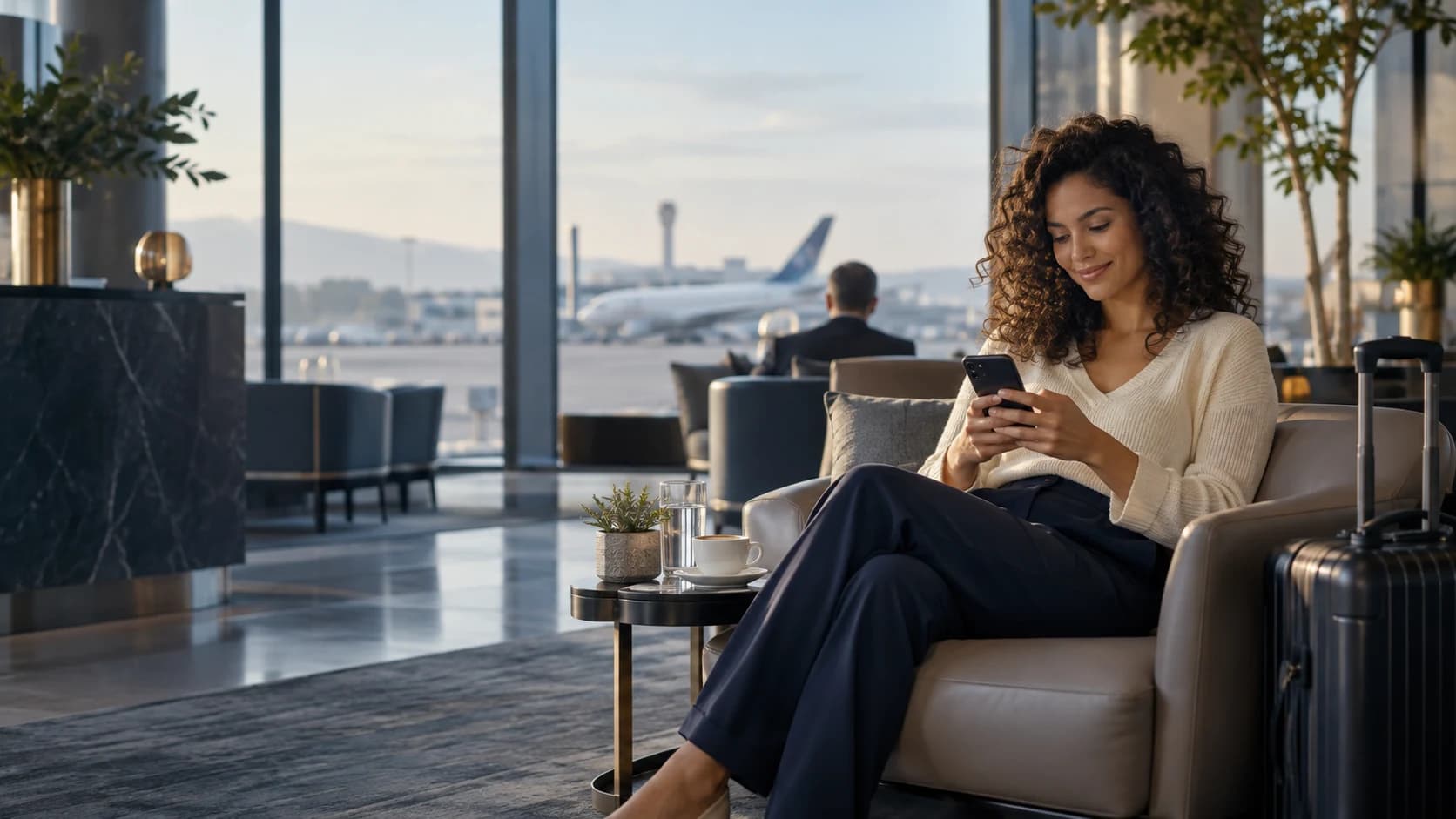 Viajante usando o celular em um lounge de aeroporto