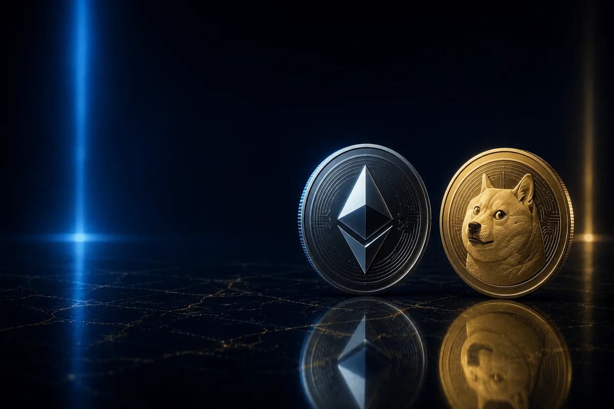 Altcoins y memecoins representadas por monedas de Ethereum y Dogecoin