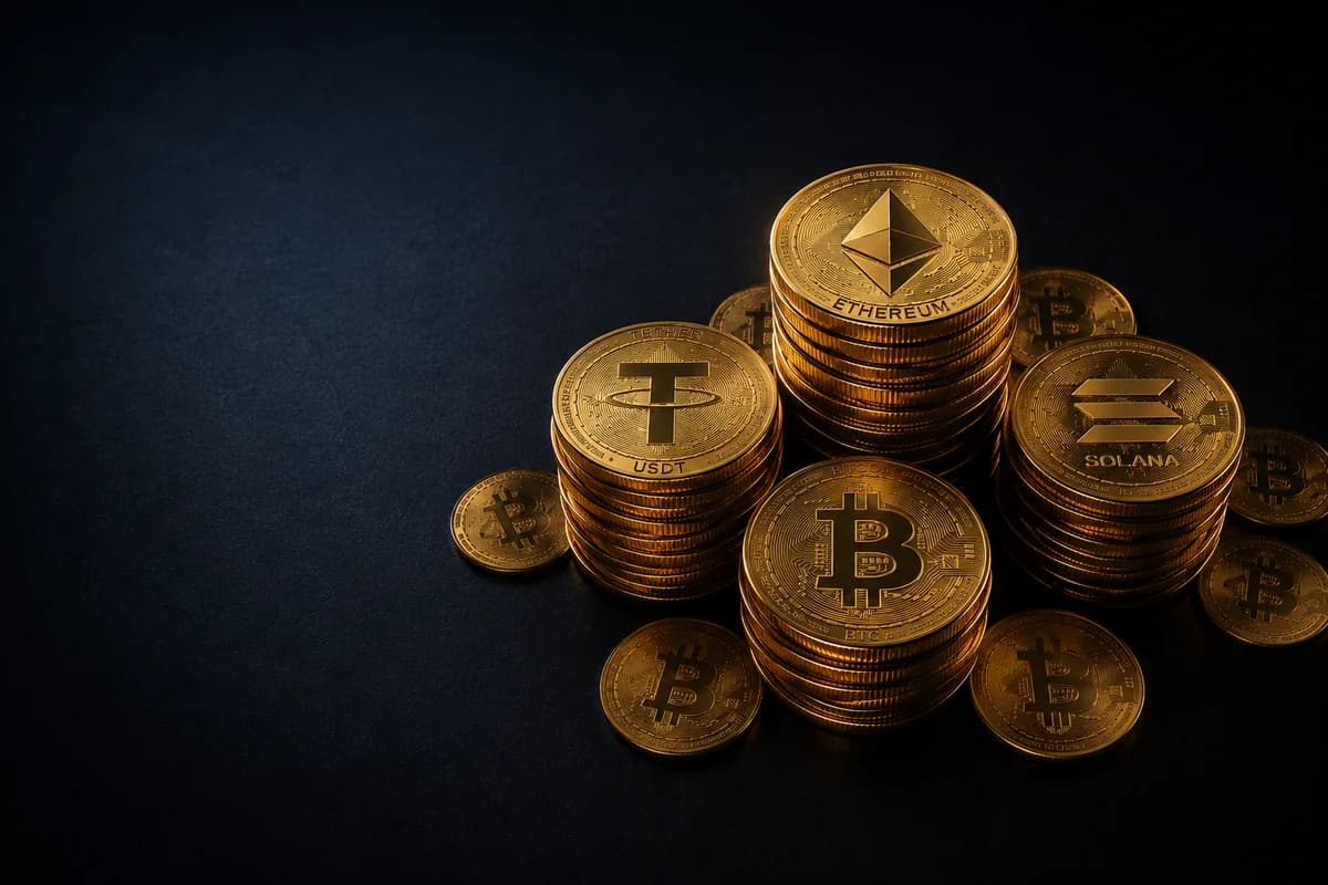 Criptomonedas digitales representadas por monedas de Bitcoin, Ethereum, USDT, Solana y XRP