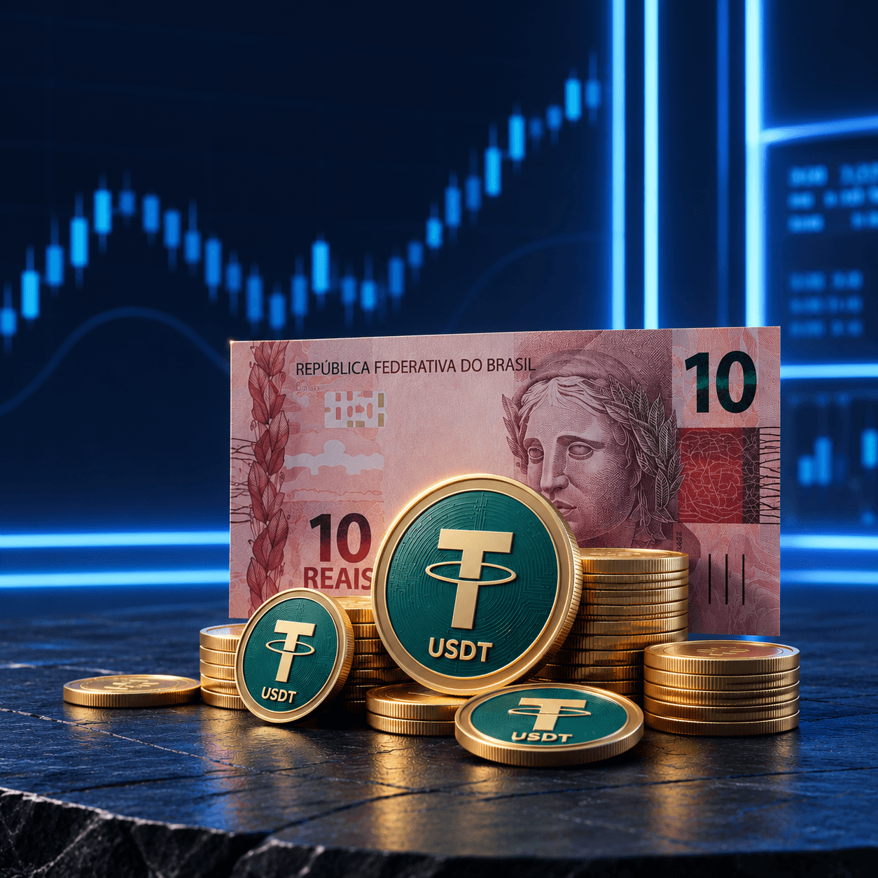 Billete de diez reales y monedas de USDT frente a gráficos de mercado