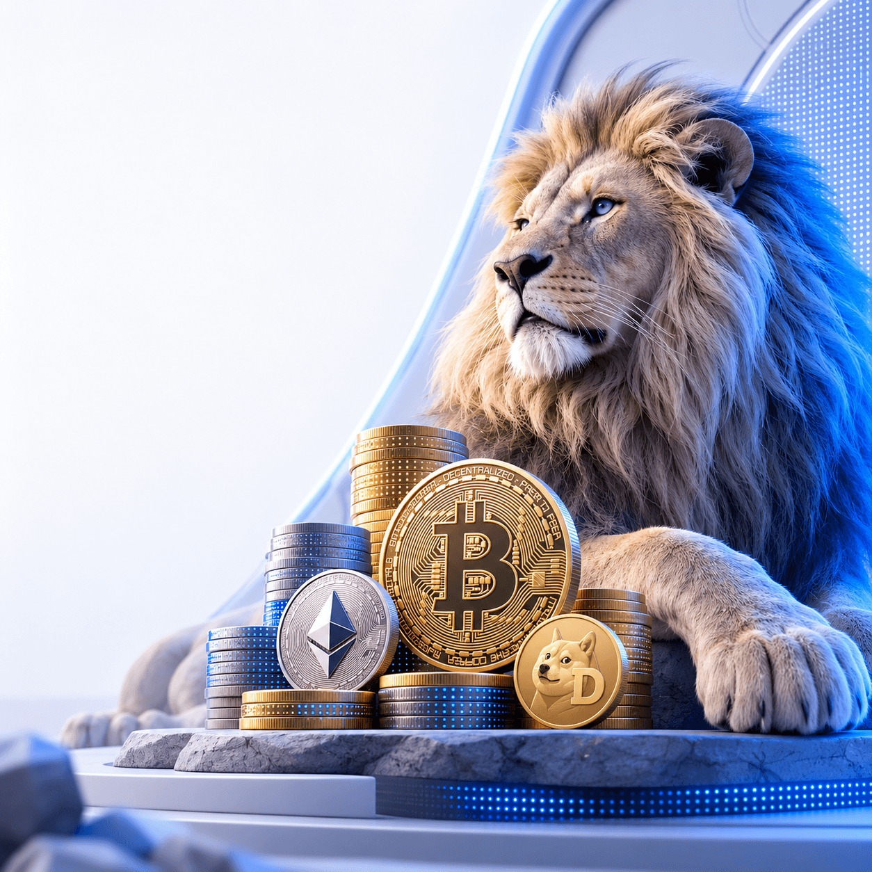 León al lado de monedas de Bitcoin, Ether y Dogecoin