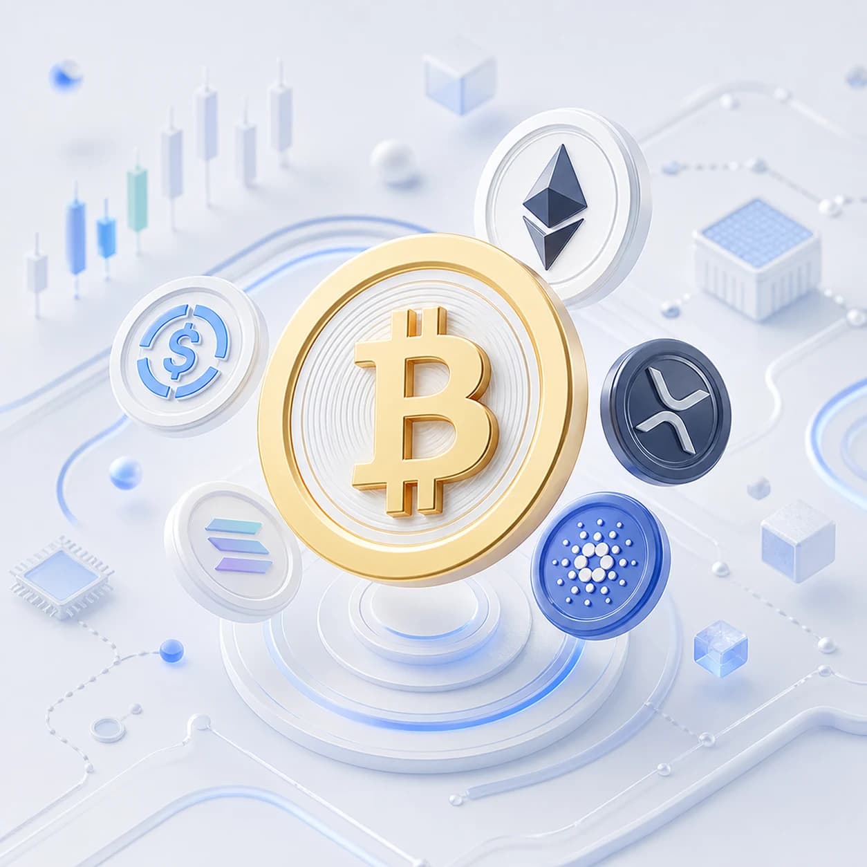 Criptomoedas representando diferentes possibilidades do mercado digital