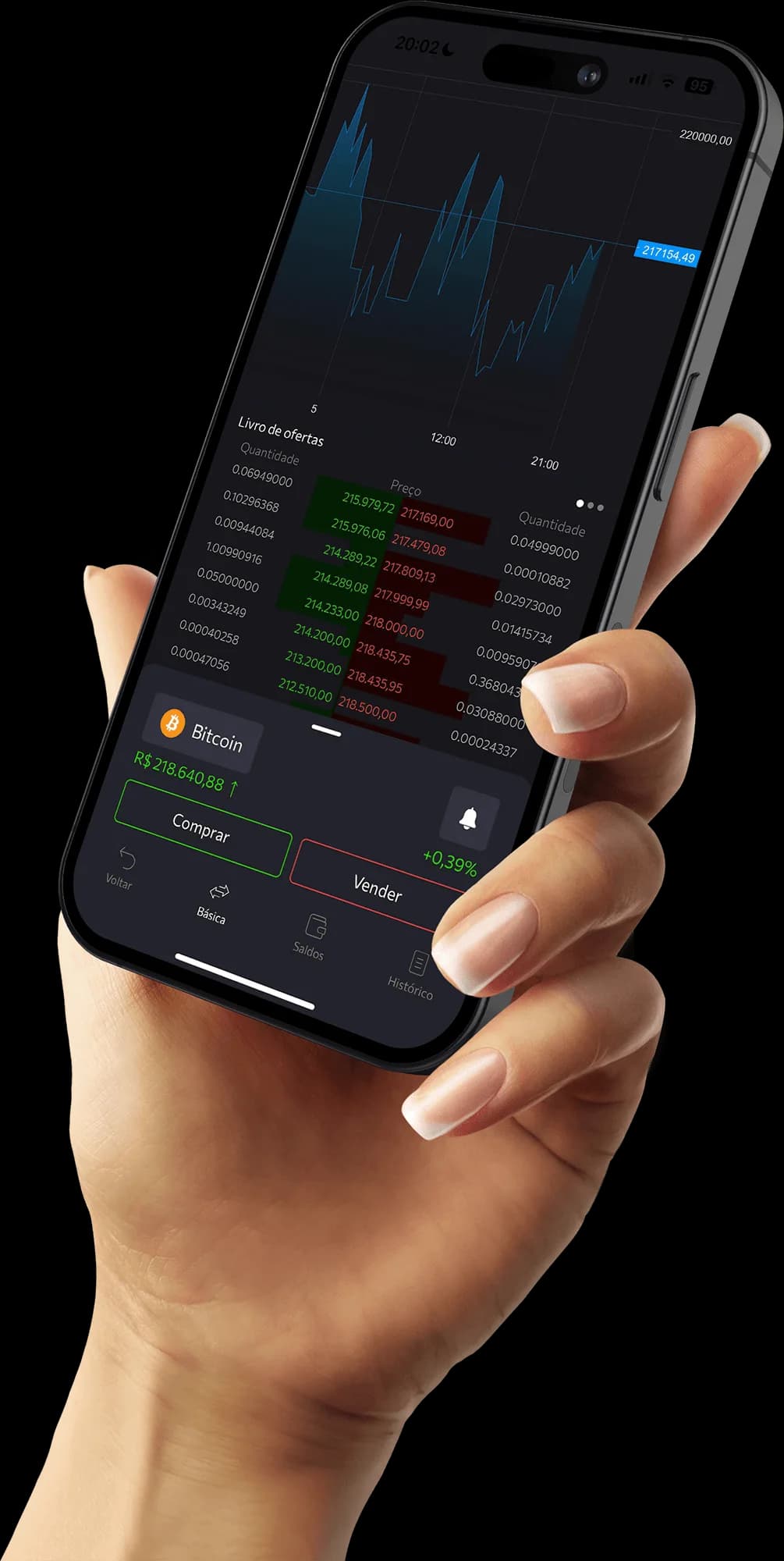 Celular exibindo o aplicativo da Brasil Bitcoin