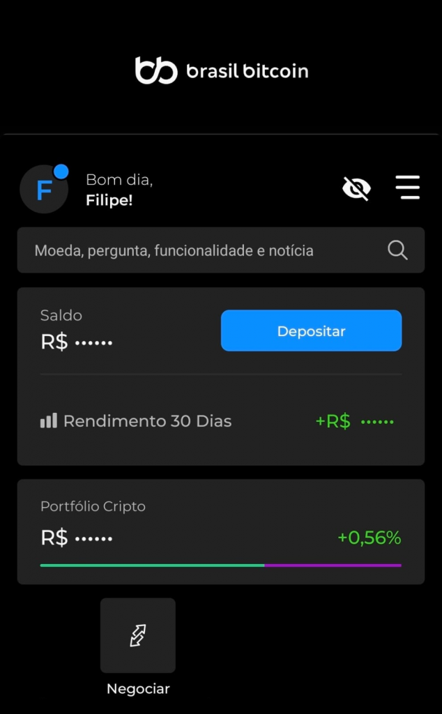 Aba negociar do aplicativo da Brasil Bitcoin