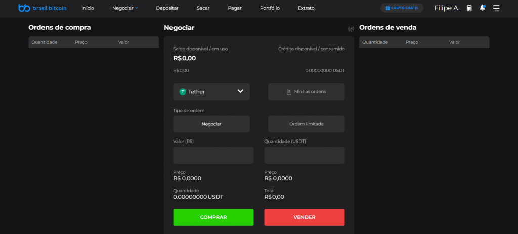 Negociação básica de criptomoedas no site da Brasil Bitcoin
