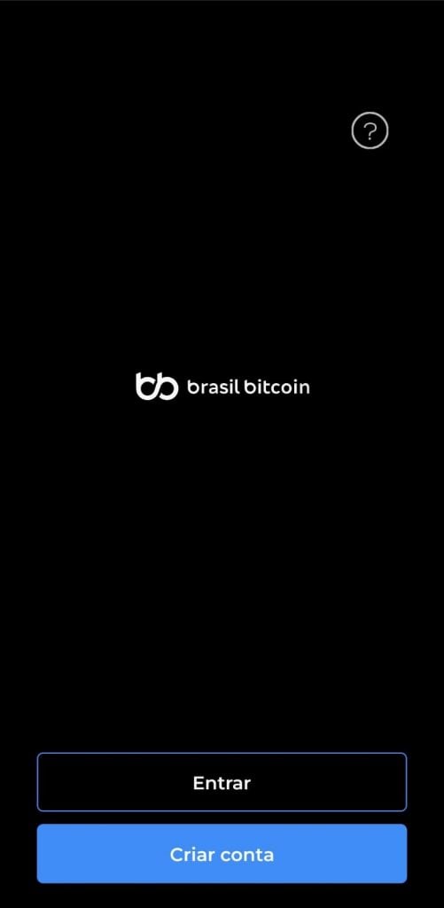 Página inicial do aplicativo para criar conta PJ Brasil Bitcoin