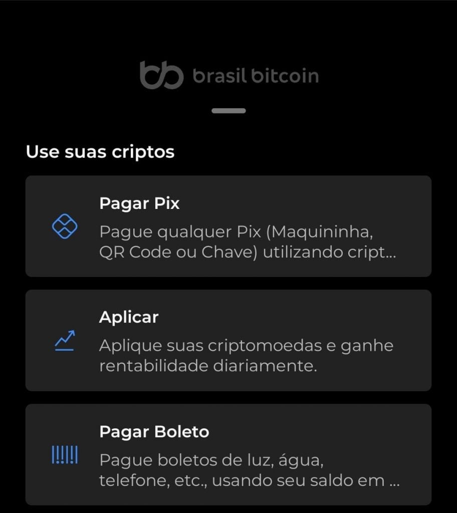 Campo com opções de pagamento no aplicativo
