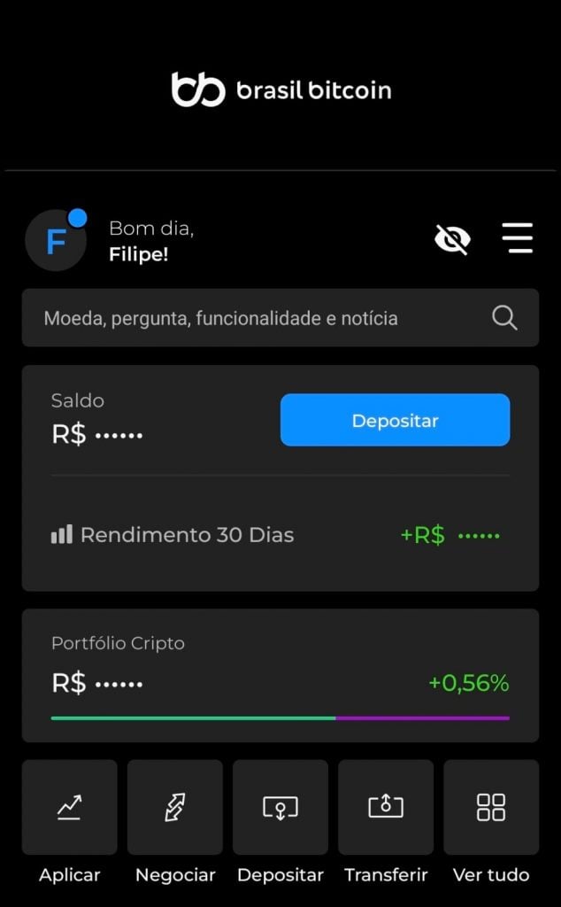 Página inicial do aplicativo da Brasil Bitcoin