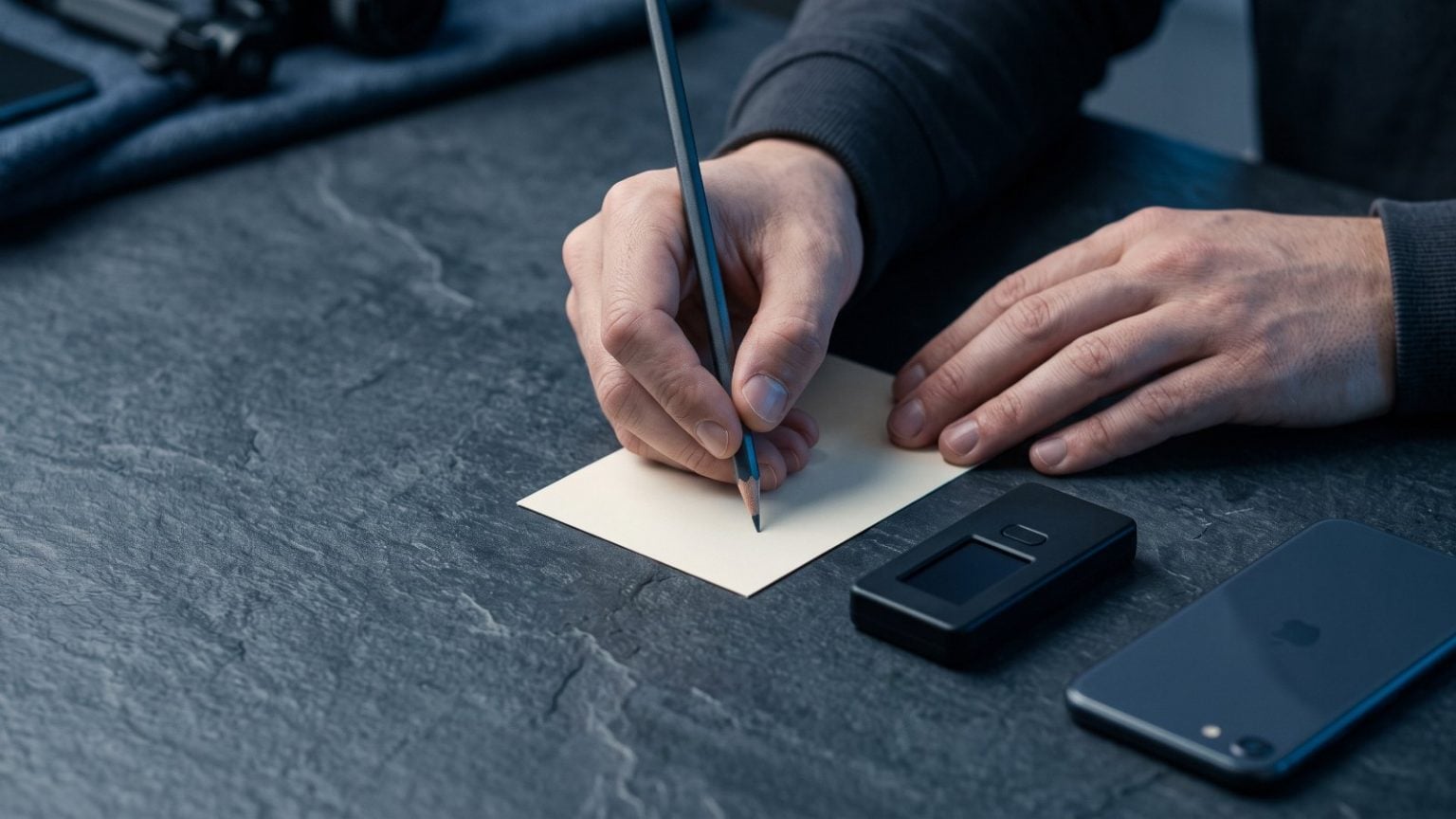 Pessoa anotando a seed phrase em um cartão ao lado de uma carteira de hardware sobre mesa escura