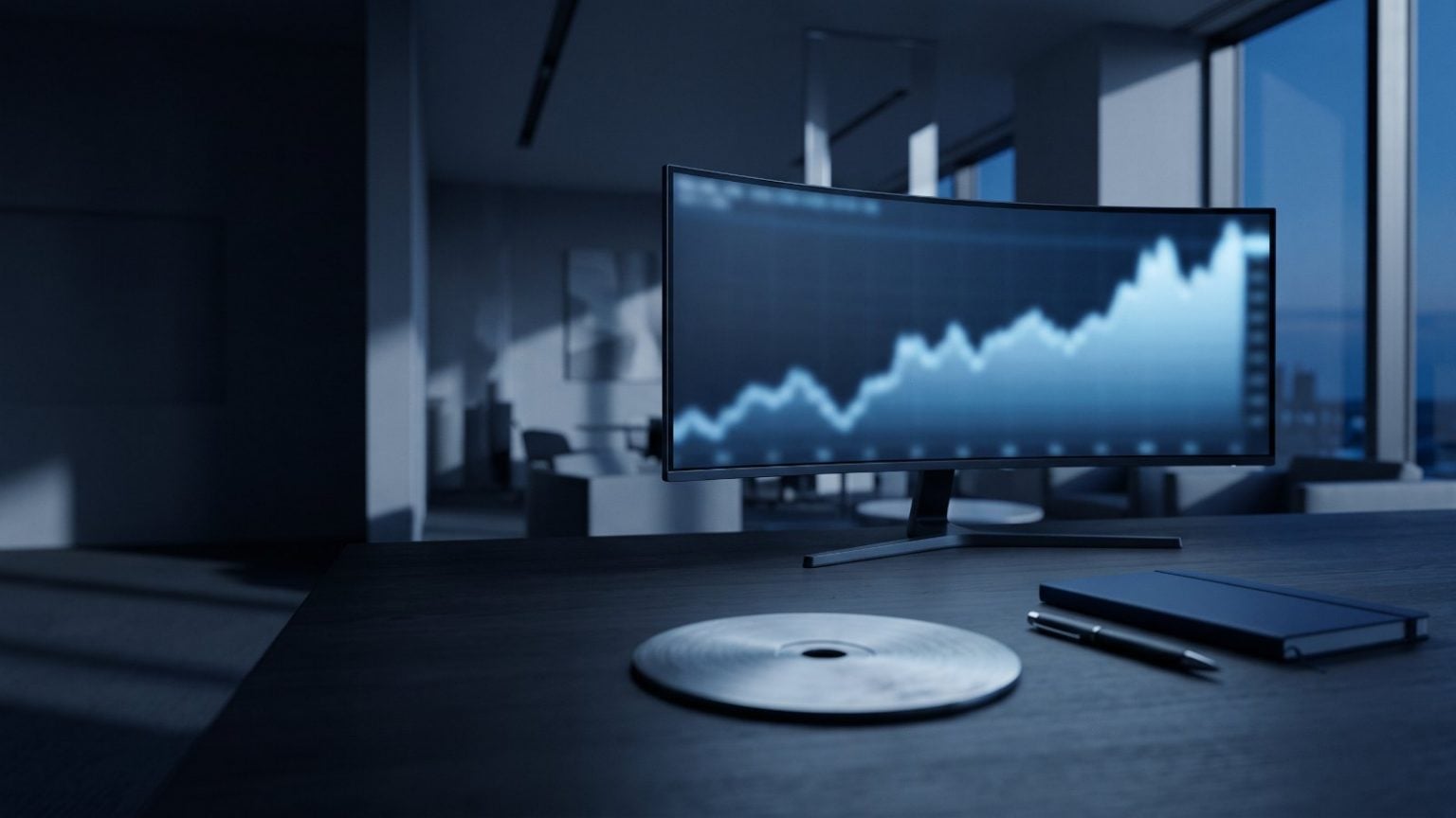 Mesa de escritorio com monitor exibindo grafico de alta e disco metalico, ilustrando ETF de bitcoin