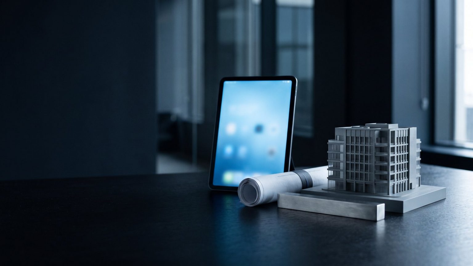 Maquete de prédio, barra metálica e tablet sobre mesa escura, representando a tokenização de ativos reais